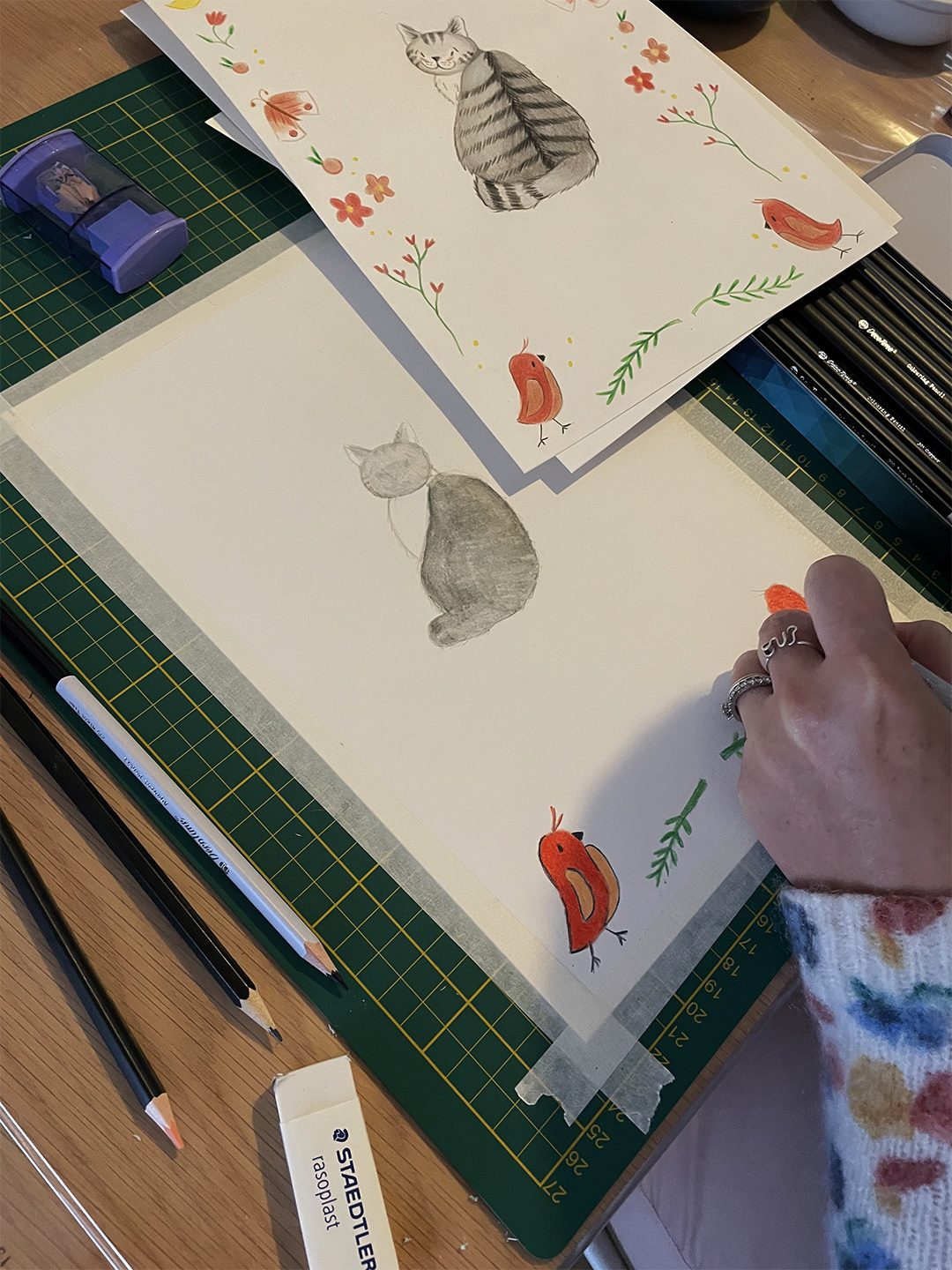 Chat au graphite entouré d'oiseaux et de fleurs aux crayons de couleur