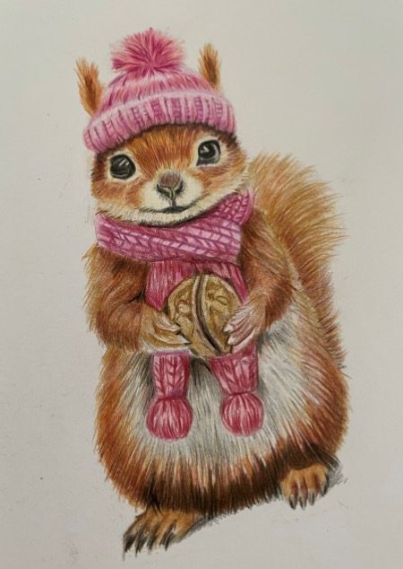 Écureuil au bonnet rose dessiné aux crayons de couleur